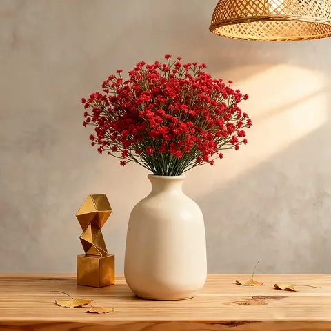 Wei's Moment 5Pcs Artificial 
Flowers, Fake Flowers Silk Plastic Artificial Gypsophila Realistic Flower Arrangements Wedding Decoration Table Centerpieces Red