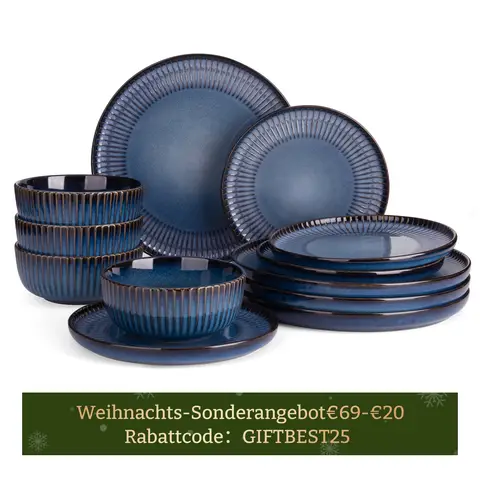 [Rabattcode: GIFTBEST25 €69-€20]  Richmount Starlight 12-tlg. Geschirrset mit strukturiertem Rand für 4 Personen， Mist Blue Reaktivglasur， für legere und formelle Anlässe
