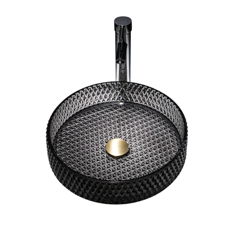 Homary 390mm Countertop Transparent Diamond Shaped Crystal Glass Bathroom Wash Basin in Black