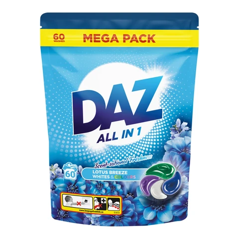Daz All in 1 PODS, Washing Liquid Laundry Detergent, Whites & Colours, Lotus Breeze, 60 Washes