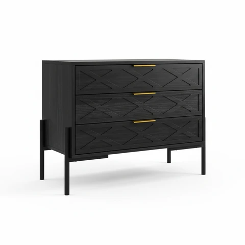 Caldion Nachttisch mit 3 Schubladen, Metallbeinen, 75,4 x 60 x 39 cm, Schwarz, Modernes Design