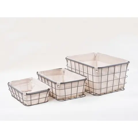 KEVAHOME GREY METAL WIRE STORAGE BIN W NATURAL LINER S/3   15.5X11.5X7.5" 13X9X5'' 11.5X7.5X3.5'', New Year Sale , Top gift picks