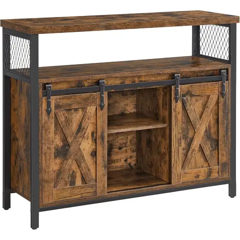 VASAGLE Sideboard, Küchenschrank, Aufbewahrungsschrank, mit 2 Schiebetüren im Scheunenstil, 33 x 100 x 80 cm, verstellbare Regale, für Wohnzimmer, Rustikal Braun und Tinten Schwarz LSC092B01