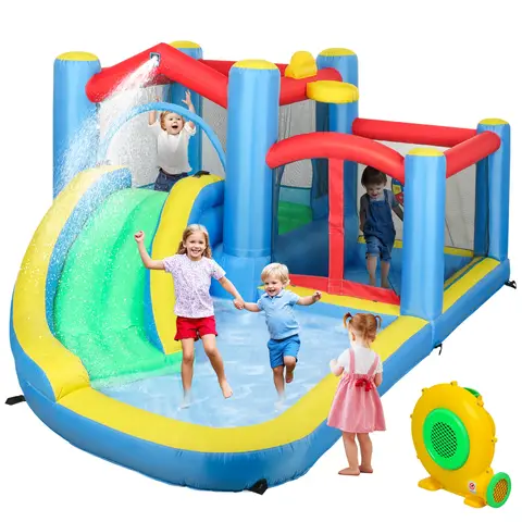 AIYAPLAY Bouncy Castle, Inflatable Bounce House with 550W Blower, Basketball Hoop, Long Slide, Dart Board, Carrying Bag, for Party, Park, Ages 3-8, 385 x 290 x 180 cm
