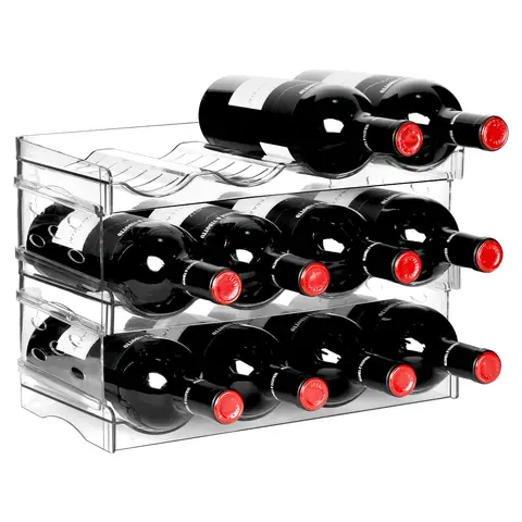 Boxedhome Plastic Wine Rack, 3-Layers-12-Bottles-Transparent, Assemble, Removable Wine Storage Rack for Wine Drink Bottles and Soda Bottles