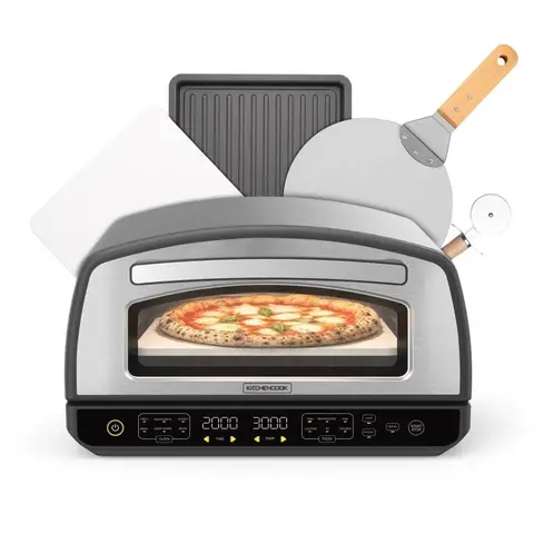 KitchenCook - Four à pizza - 2000 W - Jusqu'à 450 °C - 12 programmes - Plaque de cuisson en acier inoxydable émaillée, pelle à pizza et coupe-pizza