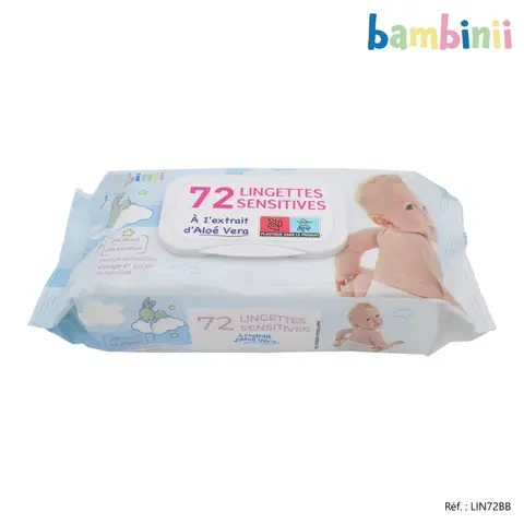 Bambinii Lingettes Sensibles à l'Extrait d'Aloe Vera pour Bébé, 72 Unités