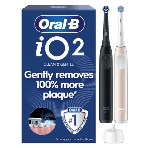Oral-B iO2 Electric Toothbrushes Duo Pack, 3 Modes, 100% Cleaner Teeth, Automatic Pressure Sensor, Quite Sound, Long-Lasting Battery, Black & Pink