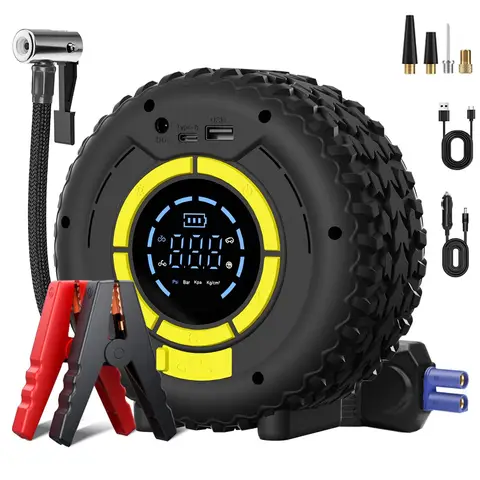 Car Battery Booster with Inflator, COCCKO 150PSI Car Starter, 120W Booster Compressor, 4 Intelligent Modes, Booster Inflator LCD Screen, LED Lighting & SOS Mode