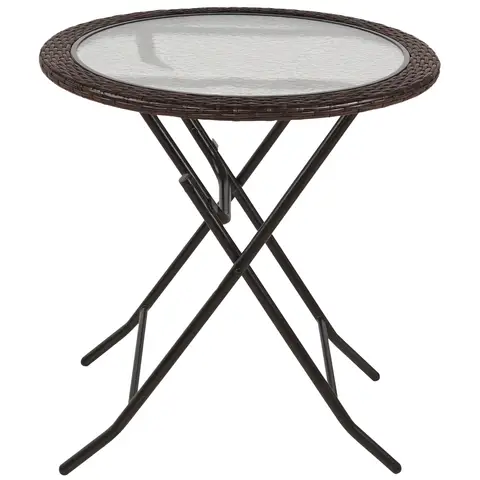 Outsunny Folding Rattan Garden Dining Table, 68 cm Round Rattan Garden Table with Water Ripple Tempered Glass Top, Wicker Edging and Steel Frame for Outdoor, Patio, Brown