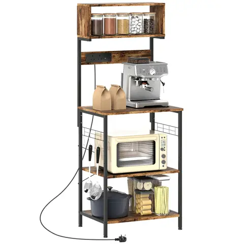 HOMCOM Kitchen Storage Rack, Bakers Rack with Power Outlet, USB Charger, Industrial Microwave Stand with Countertop, 4 Shelves, 5 Hooks, Steel Frame, 60 x 42 x 153 cm, Rustic Brown