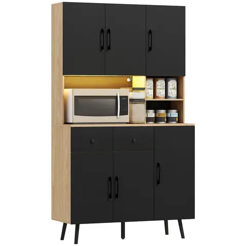HOMCOM 176 cm Tall Kitchen Cupboard with RGB LED Lights, Freestanding 6-Door Kitchen Storage Cabinet with 2 Drawers, Adjustable Shelves, Open Countertop and Cable Hole, Oak and Black