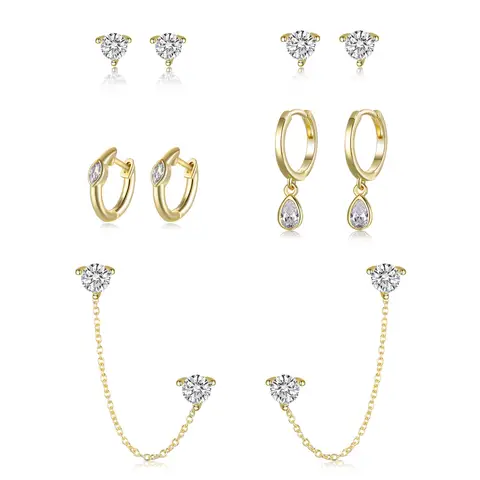 Ever Faith 5-Pair Gold Plated Earrings Set - Stud, Chain and Hoop Earrings Set