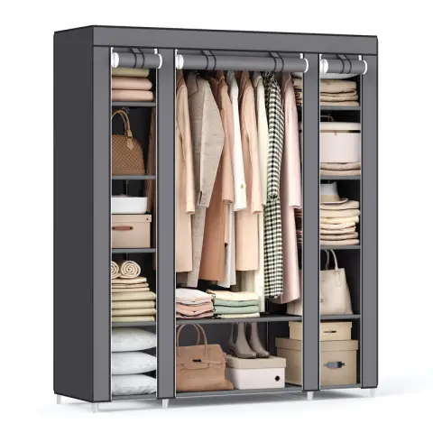 SONGMICS Wardrobe, 150x45x175cm, 12 Compartments, Metal Frame, Grey