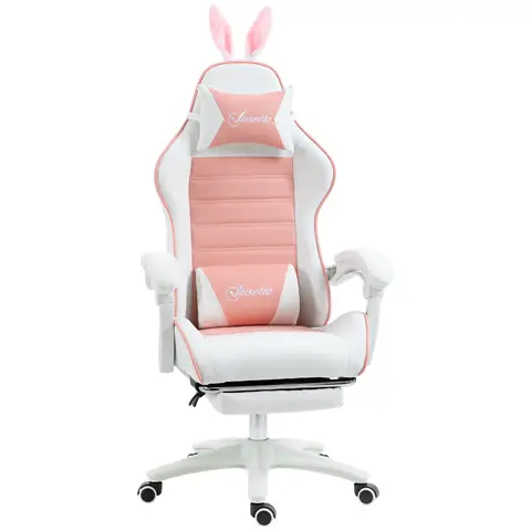 Vinsetto Reclining Racing Gaming Chair with Headrest and Lumber Support, PU Leather Computer Chair with Removable Rabbit Ears, Footrest, Pink