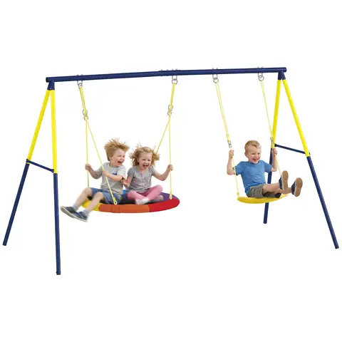 AIYAPLAY Kids Swing Set with Double Swings, Outdoor Playground Playset with Adjustable Ropes, Metal Frame for Ages 3-8, 150kg Capacity, Multicolour