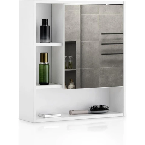 CLIPOP Bathroom Mirror Cabinet, Wall Mounted Storage Cabinet with Open Shelf 55x60cm for Bathroom