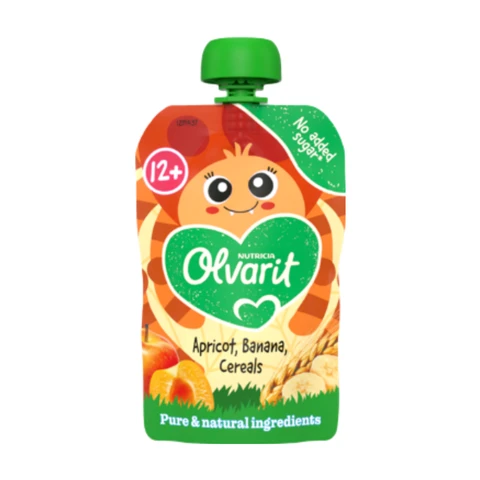 Olvarit knijpfruit abrikoos en banaan met graanstukjes 100 g