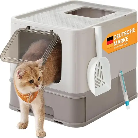 Litière Euziel avec couvercle, bac extensible, spacieuse pour chats jusqu'à 15 kg 54,3x42,5x37,8 cm - Gris chaud