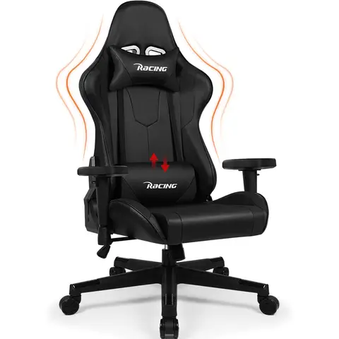Gaming-Stuhl, ergonomischer Bürostuhl mit verstellbarem Lendenkissen, Kopfstütze und Armlehnen, gepolsterter Gaming-Stuhl, Gamer-Stuhl mit Wippfunktion, Gaming-Stuhl mit 150 kg Tragkraft, schwarz