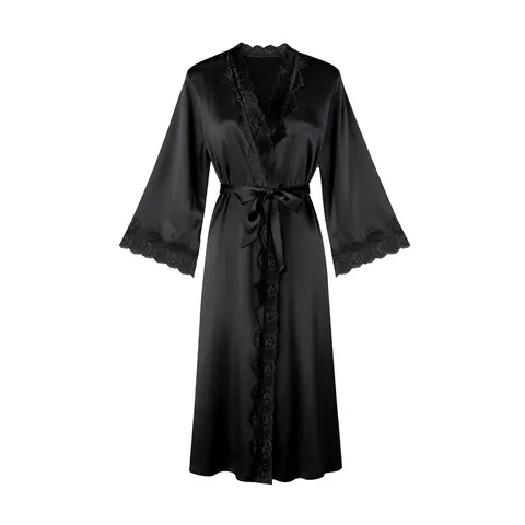 IZURIA long-sleeved black silk-like bathrobe  L