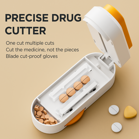Multiple Pill Cutter - Pill Cutter Splitter for Small Tiny Large Pills Professional | Vertical Press-Down Cutting & Adjustable | Sturdy Blade & Guard | Includes Cleaning Brush (yellow)