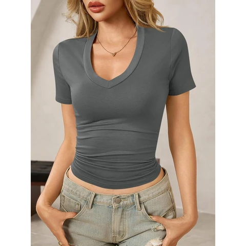 Women's Summer Sexy Short Sleeve Tshirt Tops Deep V Neck Shirts Casual Slim fit Basic T-Shirt Tee (grey， M)