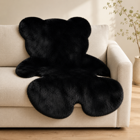 Tapis Ourson en Fausse Fourrure de Lapin Peluche Doux, 70x90 cm Tapis Shag Antidérapant, Tapis d'Appoint Mignon Noir pour Chambre d'Enfant, Chambre Bébé, Décoration de Chambre