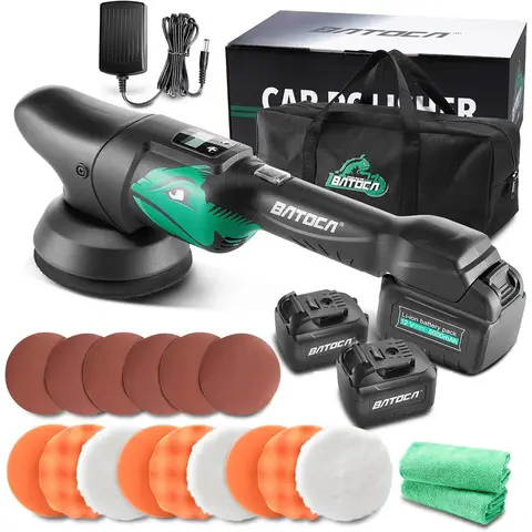BATOCA S2 Car Polishing Machine, Battery Polisher, LCD Speed Display 2000-4500 RPM, 8 mm Eccentric / Orbital Buffer, Polishing Car, Polishing Set with 2 5000 mAh Batteries, 125 mm Polishing Sponge