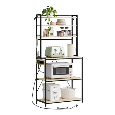 WOLTU Küchenregal mit Steckdosen, Mikrowellenständer mit 6 Regalen und 6 Haken, Aufbewahrungsregal für Küche Bad Wohnzimmer, Metall+Holz, Schwarz+Hell Eiche, 80x39,5x167 cm