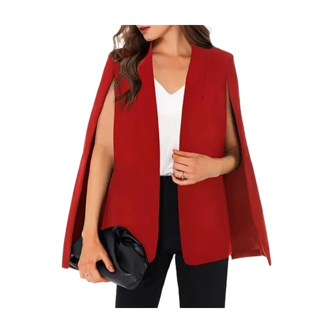 Women's Cape Blazer Split Sleeve Open Front Lightweight Office Jacket Workwear  (red, M)