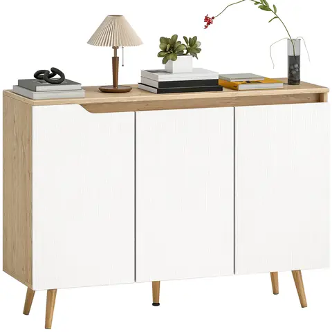 HOMCOM Sideboard, Kitchen Cupboard with 3 Doors, 2 Adjustable Shelves and 5 Rubberwood Legs, Modern Storage Cabinet for Living Room, Dining Room, White and Oak