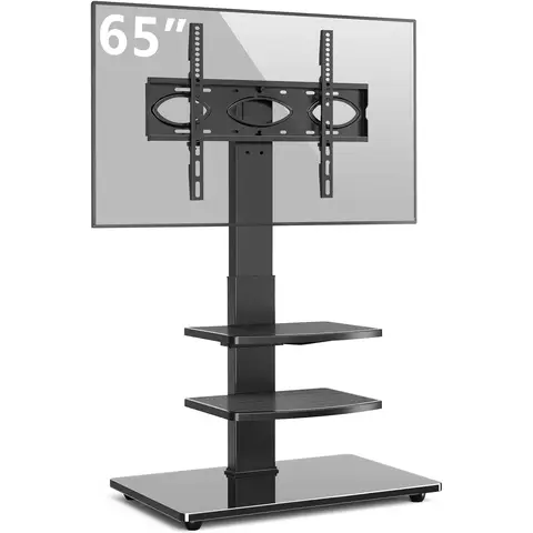 Wooden Base Floor TV Stand with mount for 32-75 Inch LED OLED LCD Plasma Flat Curved Screens, Height Adjustable with 3-Tier Shelves, Max VESA 600x400mm hold up to 50KG, White