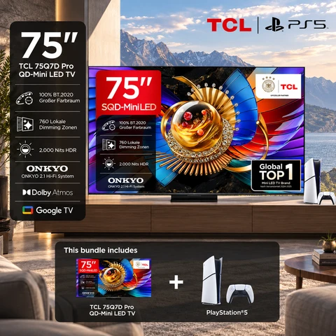 TCL 75Q7D PRO Gaming-Bundle, 65 Zoll 4K SQD-Mini LED TV, 144 Hz, 2000 Nits HDR, Dolby Vision, Google TV, inklusive PlayStation 5 Slim Digital Edition 825 GB