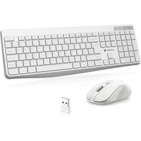 KOORUI Wireless Keyboard and Mouse Combo, 12 Multimedia and Shortcut Keys UK Layout Full Size Keyboard and Mouse Set for Windows, MacOS, Linux - Cold White (Batteries Not Included)