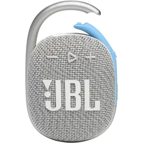 JBL Clip 4 Eco Bluetooth-Lautsprecher aus recycelten Materialien - Weiß – Wasserdichte, tragbare Musikbox mit praktischem Karabiner – Bis zu 10 Stunden kabelloses Musik-Streaming