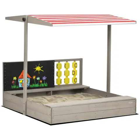 Outsunny Kids Wooden Sand Pit, Children Sandbox w/ Non-Woven Fabric, Two Seats, Canopy, for Gardens, Playgrounds - Grey