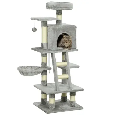 PawHut 132cm Cat Tree for Large Cats, Cat Activity Centre with Scratching Posts, Hammock, Cat House, Bed, Perches, Ladder, for Indoor Use - Grey