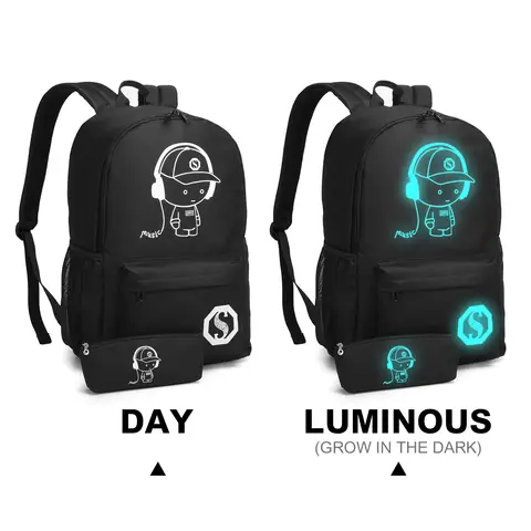 KONO Youth Luminous Pattern Backpack with USB Interface | Lightweight School & Travel Daypack for Students – Black