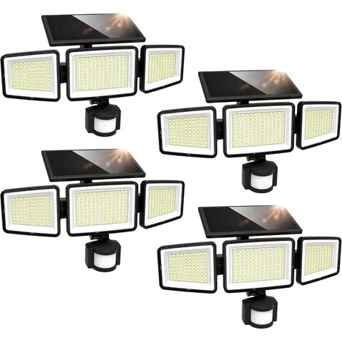 UME Solar Outdoor Lights 302 LED 3000LM, IP65 Waterproof Motion Sensor Outdoor Lights, 3 Heads Solar Security Flood Lights 270 Wide Lighting Angle with 3 Modes for Garden Patio Yard - 4 Pack