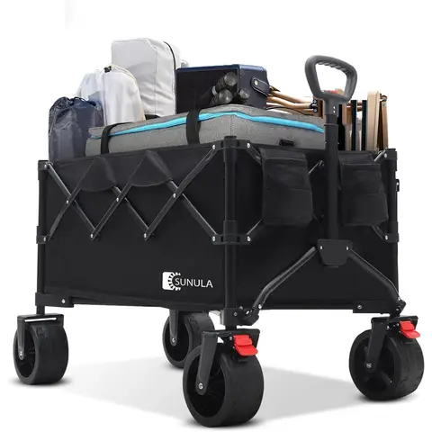 SUNULA Chariot de transport pliable - Charge maximale 120 kg - Chariot à main pliable avec poignée en un clic et pliable sur les 4 côtés - Tous les terrains avec freins - 150 l - Noir