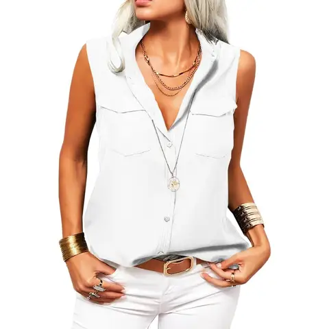 Women's Solid Lapel Sleeveless Tank Tops Summer Button Down Shirts Office Ladies Shirts (white, L)