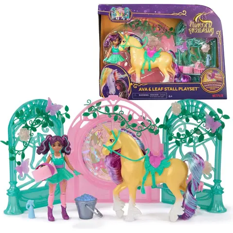 Unicorn Academy Ava & Leaf Stal Speelset - 11,4 cm Pop, 12,7 cm Eenhoorn, 15 Accessoires