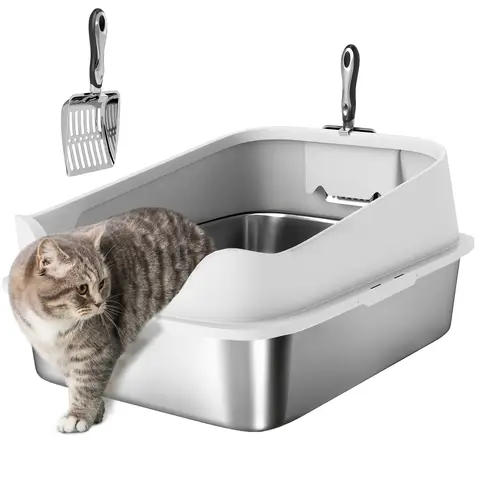 PawHut XL Cat Litter Tray Stainless Steel, Cat Litter Box High Sided with Metal Litter Scoop, Never Absorbs Odors XL