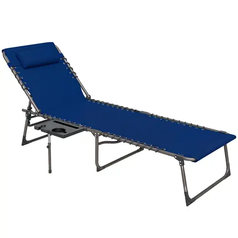 Outsunny Folding Sun Lounger with Cup Holder, 5-Position Adjustable Reclining Garden Lounger, Portable Recliner Sunbed with S
