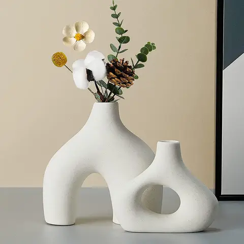2pcs/19cm7.4in14cm5.51in White Ceramic Vase Set of 2 Double Mountain Vases for Modern Boho Nordic Minimalism Style Decoration Vases for Living Room, Wedding, Dinner Table, Party, Office and Bedroom