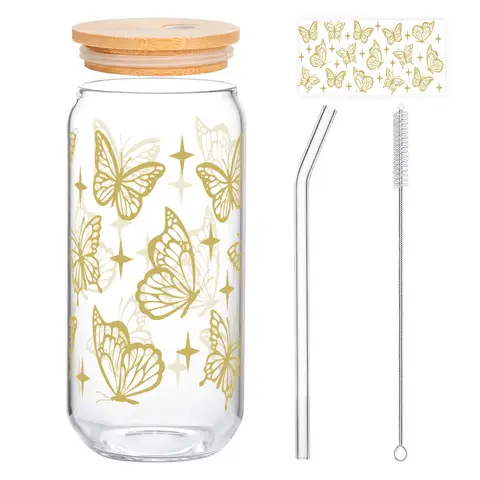Alphynix 1 Romantisches Glas, 500ml Valentinstagsgeschenk mit goldenen Schmetterlingsmustern, Kaltgetränkebecher mit Bambusdeckel & Strohhalm, elegantes Geschenk für sie,Geschenk zum valentinstag, geschenk zum geburtstag