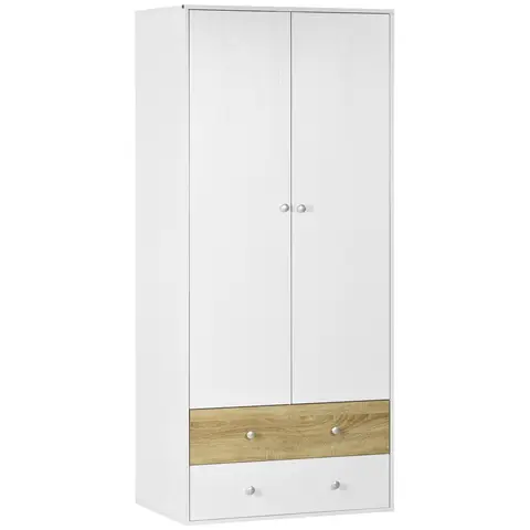 HOMCOM 2-Door Wardrobe with 2 Drawers, Modern Tall Wardrobe with anging Rod and Anti-tipping Straps for Bedroom, White