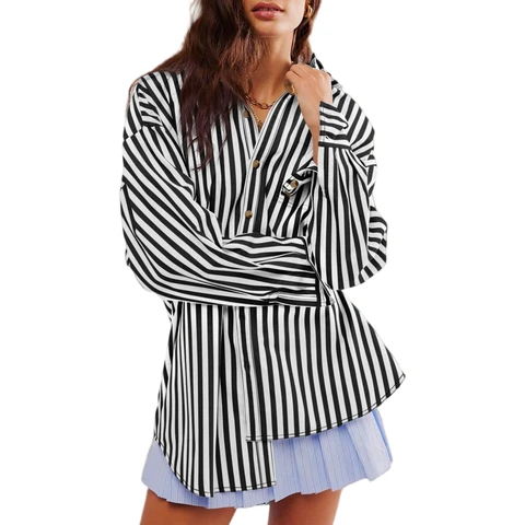 Blouse chemise longue à boutons rayée pour femme Noir Taille S