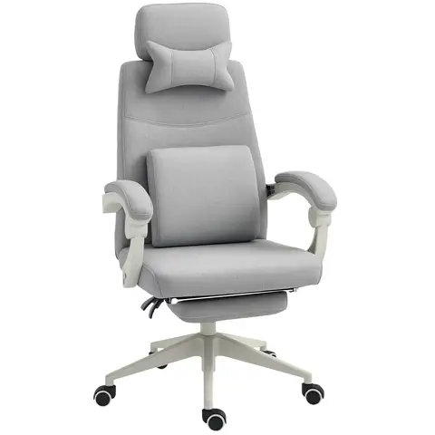 Vinsetto Office Chair, Ergonomic Desk Chair, High Back Fabric Work Chair with 160° Reclining Backrest, Retractable Footrest, Neck and Lumbar Pillow for Home and Study, Grey
